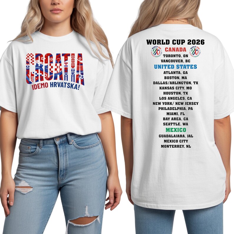A white t-shirt with text and graphics printed on it, featuring the Croatia national team and the World Cup.