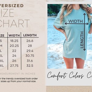 K&ouml;nnte beinhalten: Gr&ouml;&szlig;entabelle f&uuml;r ein Oversize-T-Shirt mit Ma&szlig;en in Zoll. Die Tabelle zeigt die Breite und L&auml;nge des Shirts in den Gr&ouml;&szlig;en S, M, L, XL, 2XL und 3XL. Die Tabelle enth&auml;lt auch den Text "Comfort Colors C1717".