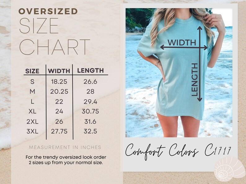 K&ouml;nnte beinhalten: Gr&ouml;&szlig;entabelle f&uuml;r ein Oversize-T-Shirt mit Ma&szlig;en in Zoll. Die Tabelle zeigt die Breite und L&auml;nge des Shirts in den Gr&ouml;&szlig;en S, M, L, XL, 2XL und 3XL. Die Tabelle enth&auml;lt auch den Text "Comfort Colors C1717".