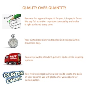 May include: Illustration of a checklist with a checkmark next to "Excellent" and a stopwatch. Text reads "Quality over Quantity" and "Because this apparel is special for you, it is special for us. We pay full attention to production quality and make it right each and every time."  "Your customized order is designed and shipped within 3 business days."  "You are provided standard, priority, and express shipping options."  "Feel free to contact us if you like to add text to the back of your apparel. We will gladly offer you options for customization."