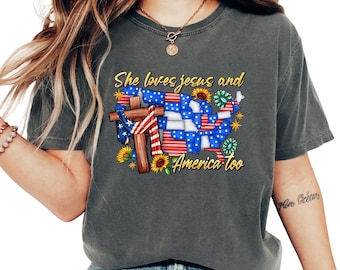 She Loves Jesus And America Too Comfort Colors Shirt, Patriotic Christian Tee, USA Flag Cross Shirt, Faith Freedom Gift
