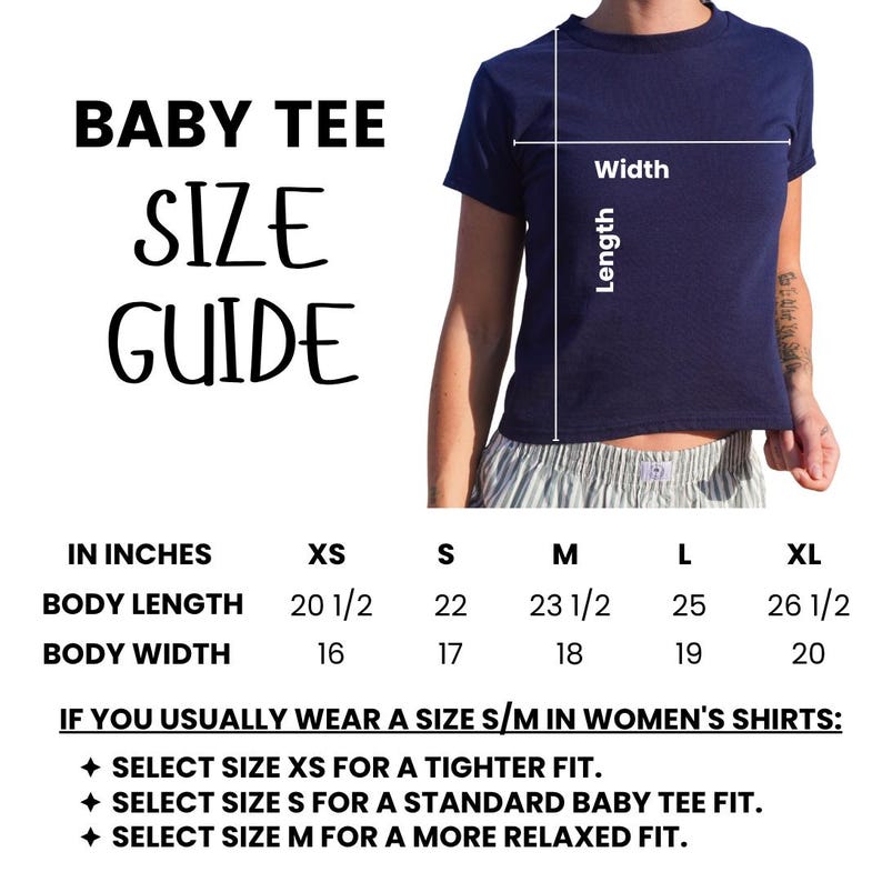 The image is a size guide for a baby tee, providing measurements and instructions for selecting the appropriate size based on the user's body length, waist width, and preferred fit.