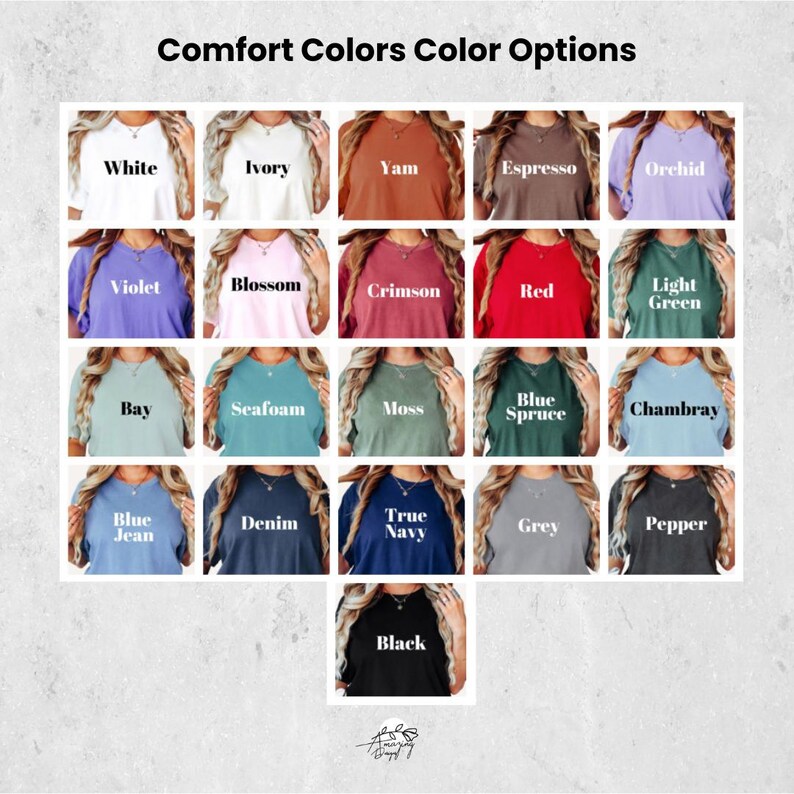 Op de afbeelding: Een tabel met 20 verschillende kleur opties voor Comfort Colors T-shirts. De kleuren worden weergegeven in een raster van vijf kolommen en vier rijen. De kleuren omvatten wit, ivoor, yam, espresso, orchidee, violet, bloesem, karmijnrood, rood, lichtgroen, baai, zeeschuim, mos, blauwspar, chambray, spijkerblauw, denim, donkerblauw, grijs, peper en zwart.