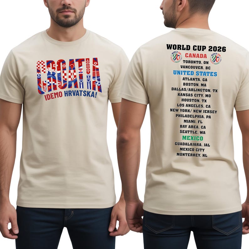 a man wearing a cream-colored t-shirt with text and graphics related to the Croatia national soccer team.