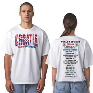 A man wearing a white t-shirt with text and graphics related to the Croatia World Cup, and a woman wearing a white t-shirt with text and graphics related to the World Cup.