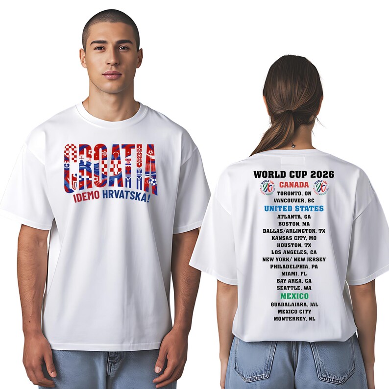 A man wearing a white t-shirt with text and graphics related to the Croatia World Cup, and a woman wearing a white t-shirt with text and graphics related to the World Cup.