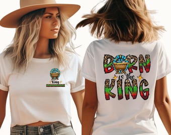 Born Is The King Shirt, Christian Christmas Tee, Front And Back Print, Leopard Plaid Christmas T-shirt, Religious Holiday Gift Jesus T-shirt