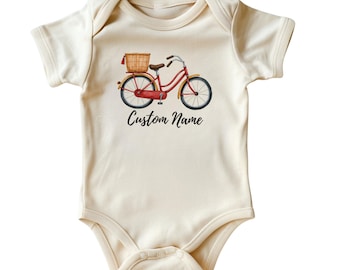 Cute Bicycle Custom Name Onesie  Bicycle Themed Baby Bodysuit  Natural Color Baby Gift Printing in USA