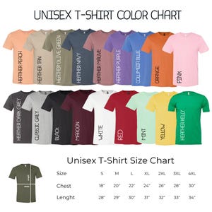 The image is a color chart for unisex t-shirt sizes, displaying various color options and corresponding sizes.