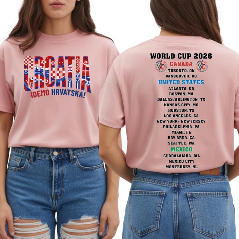 a woman wearing a pink t-shirt with text and graphics on the back, including a list of locations and a graphic design.