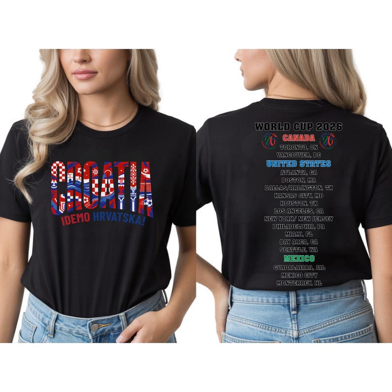 a woman wearing a black t-shirt with text and graphics printed on it.