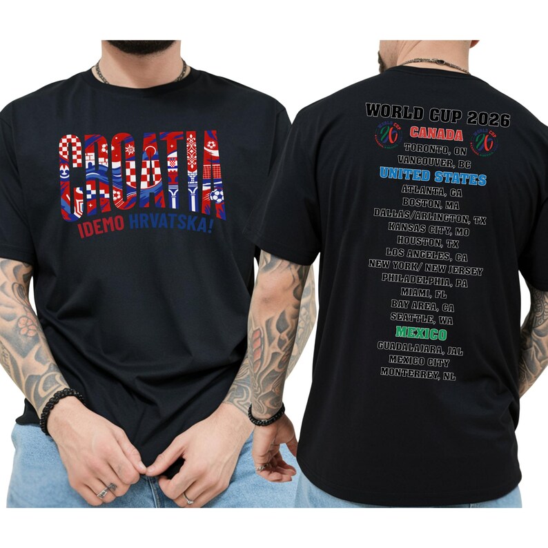 A black t-shirt with text and graphics printed on it, including the text "CRAZIA" and "IDEO HRVATSKA!" along with a list of locations and events related to the Croatia national soccer team.