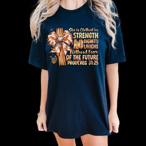 She Is Clothed In Strength Comfort Colors Shirt, Christian Fall Shirt, Proverbs 31 25 Tee, Faith Based Gift, Autumn Cross Tee