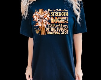 She Is Clothed In Strength Comfort Colors Shirt, Christian Fall Shirt, Proverbs 31 25 Tee, Faith Based Gift, Autumn Cross Tee