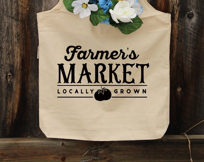 Farmers Market Cotton Tote Bag- Market Grocery Tote- Reusable Grocery Shopping Bag- Locally Grown- Organic Market Bag- Eco Friendly Gift