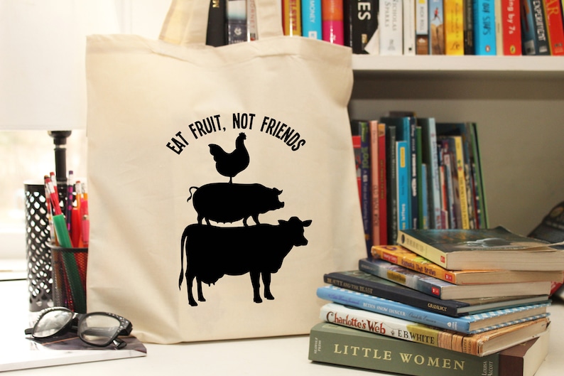 Vegan Tote Bag Happy Blue Marble Vegan Gift Eat Fruit Not Friends Organic Tote Bag Gift for Vegan Eco Friendly Gift Vegan