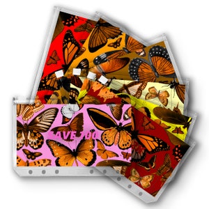 May include: A set of eight clear plastic zippered pouches with colourful butterfly designs. The pouches are filled with various butterfly images, including a pink pouch with the text "Save 700".