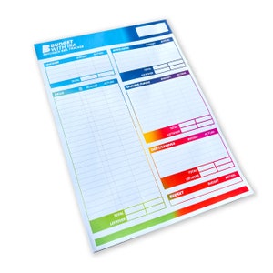 May include: A colorful budget tracker with sections for income, bills, envelopes, sinking funds, debt/savings, and a budget section. The tracker has a rainbow gradient design.
