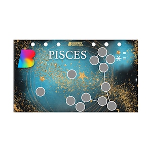 May include: A blue and gold background with a constellation of stars and a stylised image of the Pisces zodiac sign. The text "BUDGET WITH IRA" and "PISCES" are also visible.
