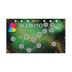May include: A green and gold background with a constellation of stars and a stylised image of the Scorpio zodiac sign. The text "BUDGET WITH IRA" and "SCORPIO" are visible in the image. The symbol for Scorpio is also shown.