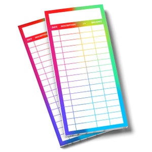 May include: Two rainbow-coloured notepad sets with a white grid and headings for "Date", "Description", "+/-", and "Balance".