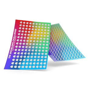 May include: A rainbow gradient card with the text "150 ENVELOPE CHALLENGE SAVE £11,222 in 150 Stuffings?" and a grid of 150 envelope icons.