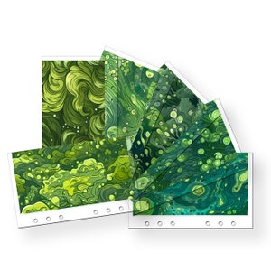 May include: A set of six green and blue abstract patterned cards with a white border and holes along the edge.