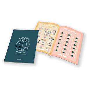 May include: A blue passport-style booklet with the text "Passport to success" and a globe icon. The booklet is open to reveal two pages with activities: "Wander Often" with a grid of bicycle icons and "Snap a Pic" with a grid of camera icons.