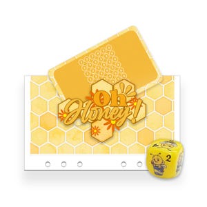 May include: A yellow and white game featuring the words "Oh Honey!" and a honeycomb pattern. A yellow die with a bee illustration and the number 2 is included. The game also has a card with numbered circles.