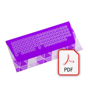 Puede incluir: Un sobre morado con un patrón geométrico blanco y círculos blancos con los números del 1 al 20 impresos en él. El sobre está doblado por la mitad y la solapa está cerrada. Un icono PDF rojo está en la esquina inferior derecha de la imagen.