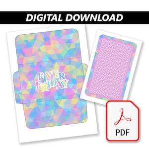 May include: Digital download with a pastel geometric design. The design includes an envelope with the text "FIVER FRIDAY" and a pink card with small circles. A PDF icon is in the lower right corner.