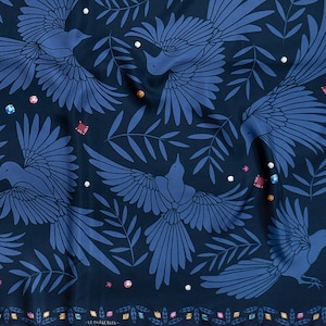 Pure Mulberry Silk Scarf "The Treasure Hunters", Printed Original Blue Magpies Design by "Le Châle Bleu" France. Made in Italy. Gift Box