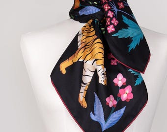 Large Silk Twill Scarf. Printed Original Design "The Tiger's Bride". Original Design by Le Châle Bleu France. Made in Italy. US shipping DDP