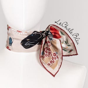 Mulberry Silk Bandana Scarf &quot;The Panther and the Artist&quot;, Beige & Red. Printed Original Design Le Châle Bleu France. Made in Italy. Gift Box