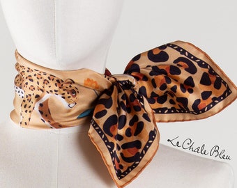 Mulberry Silk Bandana &quot;The Tiger&#39;s Bride&quot; – Leopard. Printed Original Design Scarf by Le Châle Bleu – Designed in France – Made in Italy