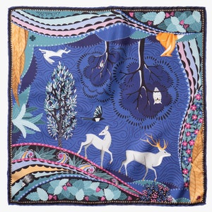 Mulberry Silk Bandana Scarf "The Voyage in the Boreal Forest" Mauve. Printed Original Design, Le Châle Bleu, France. Made in Italy. Gift Box