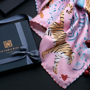 Mulberry Silk Bandana "The Tiger's Bride" – Real Pink. Printed Original Design Le Châle Bleu, France. Made in Italy Gift Box Silk Scarf