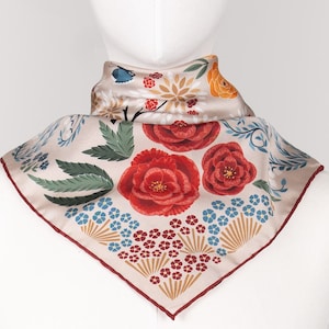 Mulberry Silk Bandana Scarf &quot;The Panther and the Artist&quot;, Beige & Red. Printed Original Design Le Châle Bleu France. Made in Italy. Gift Box