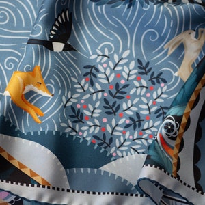 Large Silk Twill Scarf "The Voyage into the Boreal Forest", Gray. Printed Original Design, Le Châle Bleu France. Made in Italy. Gift Box