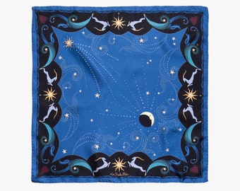 Mulberry Silk Bandana "Beautiful as The Moon", Printed Original Celestial Design by Le Châle Bleu, France. Made in Italy Gift Box Silk Scarf