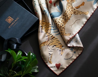 Mulberry Silk Bandana &quot;The Tiger&#39;s Bride&quot; – Crème brûlée. Printed Original Design Le Châle Bleu, France. Made in Italy Gift Box Silk Scarf