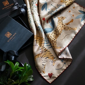 Mulberry Silk Bandana "The Tiger's Bride" – Crème brûlée. Printed Original Design Le Châle Bleu, France. Made in Italy Gift Box Silk Scarf