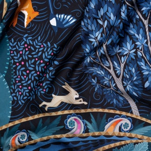 Mulberry Silk Scarf "The Voyage into the Boreal Forest" in Blue. Printed Original Design by Le Châle Bleu France. Made in Italy. Gift Box