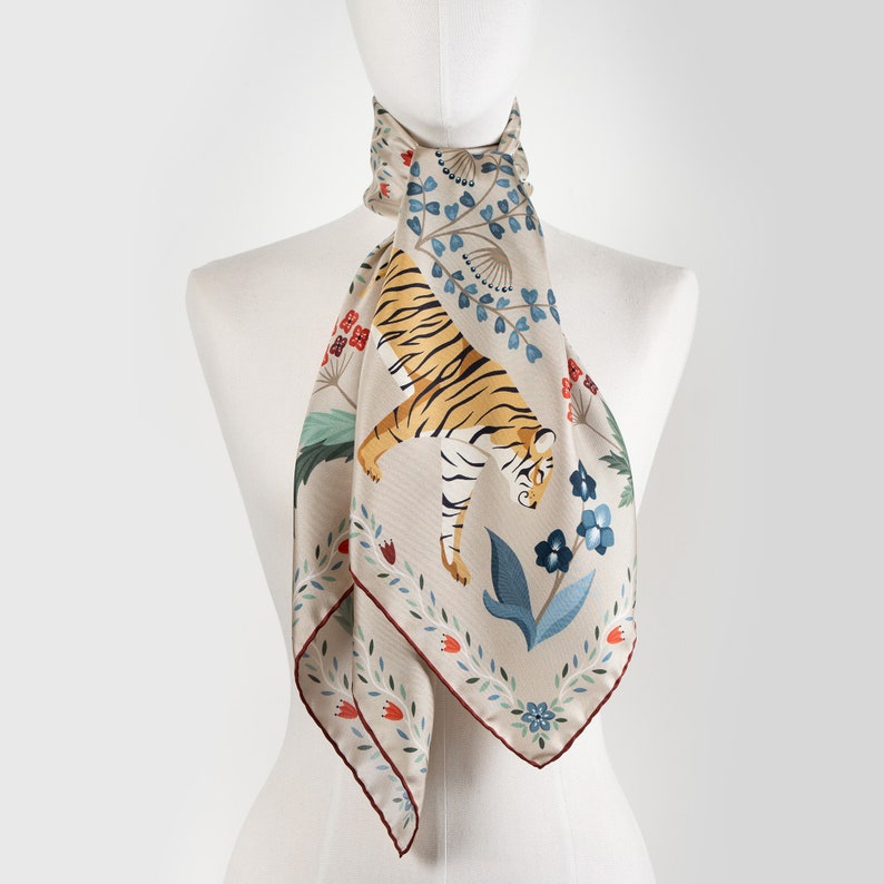 Mulberry Silk Scarf The Tiger's Bride Latte. Printed Original Design by Le Châle Bleu France. Made in Italy Gift Box Silk Square image 3