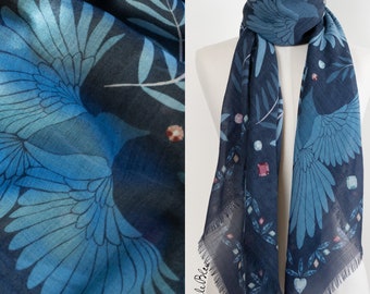 Wool, Silk & Cashmere Shawl "The Treasure Hunters", Midnight. Original Magpies Design Scarf by Le Châle Bleu France. Made in Italy. Gift Box