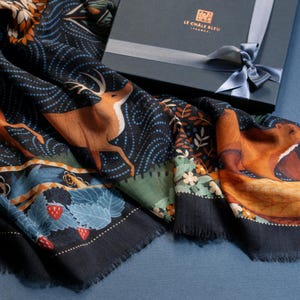 Wool, Silk & Cashmere Shawl "The Voyage into the Boreal Forest". Printed Original Design by Le Châle Bleu France. Made in Italy. Women Gift
