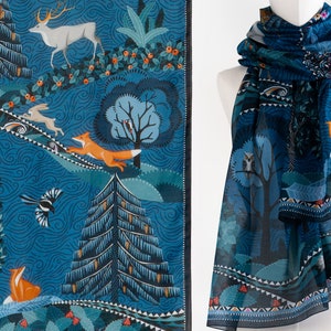 Silk & Cotton Scarf "The Voyage into the Boreal Forest", Blue. Printed Original Design by Le Châle Bleu France. Made in Italy. Gift Box