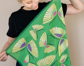 Green Silk & Cotton Scarf "The Moon Butterfly". Printed Original Design by Le Châle Bleu – France. Made in Italy. Bandana in Gift Box.