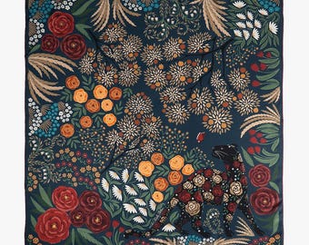 May include: A square scarf with a dark blue background, featuring a floral design with roses in shades of red, orange, and white. A black panther is adorned with floral patterns. The scarf has a botanical theme.