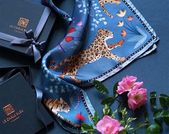 Mulberry Silk Bandana "The Tiger's Bride" – Storm Blue. Printed Original Design by Le Châle Bleu – France. Made in Italy Gift Box Silk Scarf